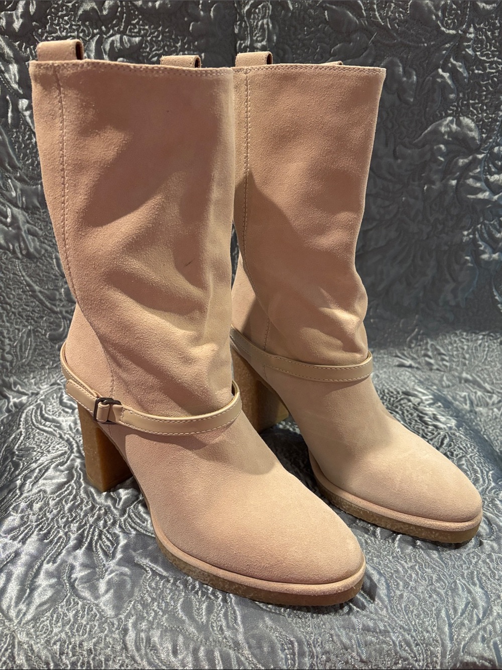 Franco Sarto Suede Mid-Calf Heeled Boots in Light Taupe